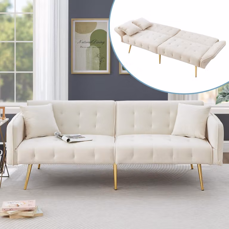 MODFU Divano multifunzionale 2 in 1 a due posti Divano relax con schienale e braccioli regolabili, divano letto pieghevole con funzione letto e rivestimento in velluto, bianco