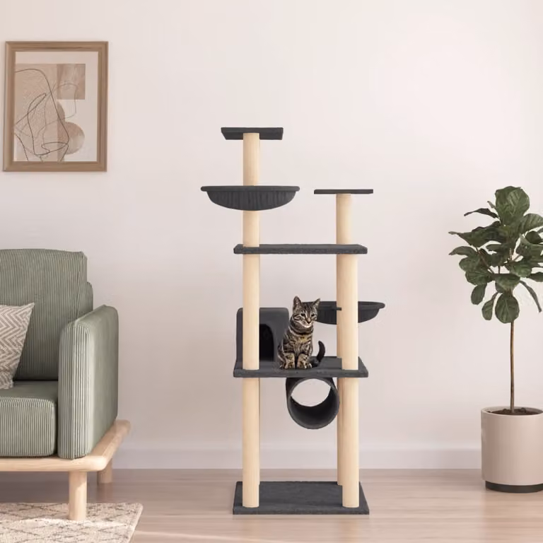 Albero per gatti vidaXL con tiragraffi in sisal e legno, colore grigio, Altezza: 141 cm