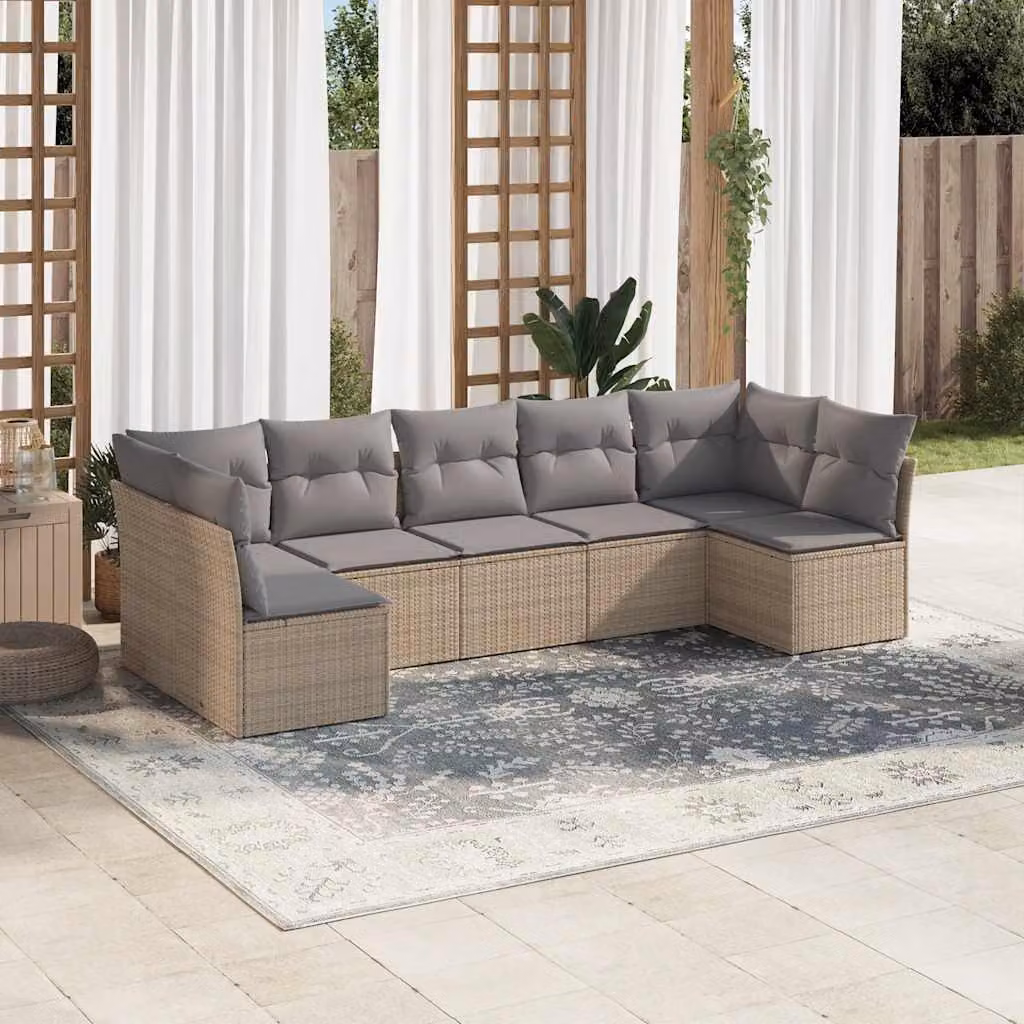 vidaXL Set Divani da Giardino 7 pz a Forma a L in Polyrattan e Metallo con Cuscini Beige e Grigio – 1