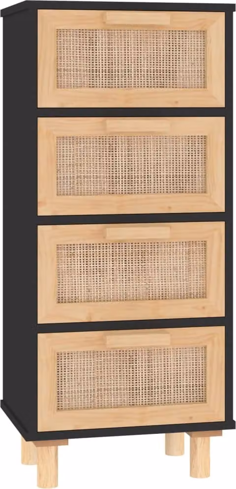 Credenza Nera 40x30x90 cm Legno Massello Pino e Rattan Naturale