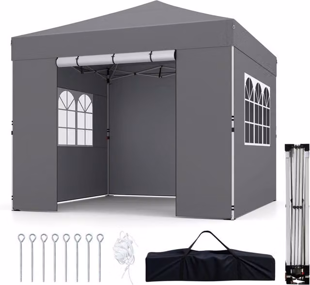 Gazebo pieghevole da esterno in poliestere con pareti laterali rimovibili e finestre, tendone da giardino Grigio L: 300 cm, P: 300 cm, H: 284 cm – 1
