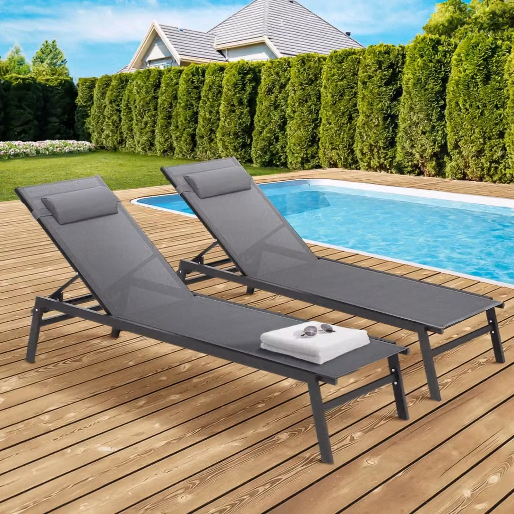 IDMarket Set di 2 lettini da giardino SINTRA reclinabili in alluminio con tessuto textilene grigio antracite e nero – 2