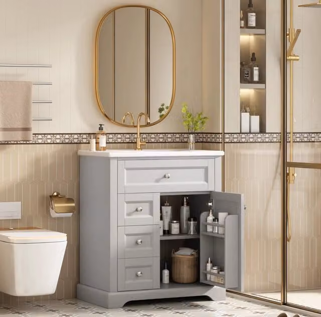 Mobile bagno da terra con lavabo in ceramica 76x46x87 cm; 3 cassetti; MDF grigio