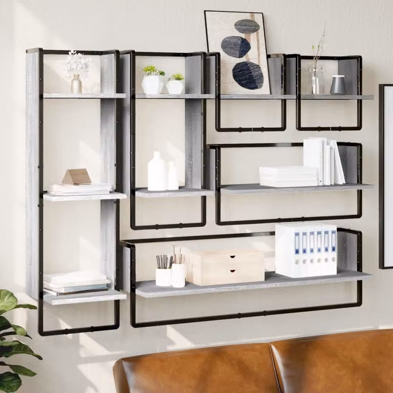 Set di 6 mensole da parete con aste vidaXL in legno multistrato e metallo, colore Grigio Sonoma, stile industriale