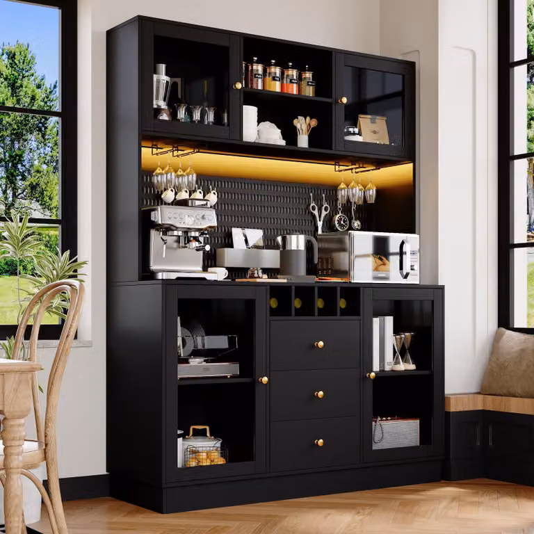 MODFU Armadio alto Armadio contenitore Illuminazione LED intelligente Scaffale per bicchieri da vino Ripiani regolabili in altezza Soggiorno e cucina MDF, nero
