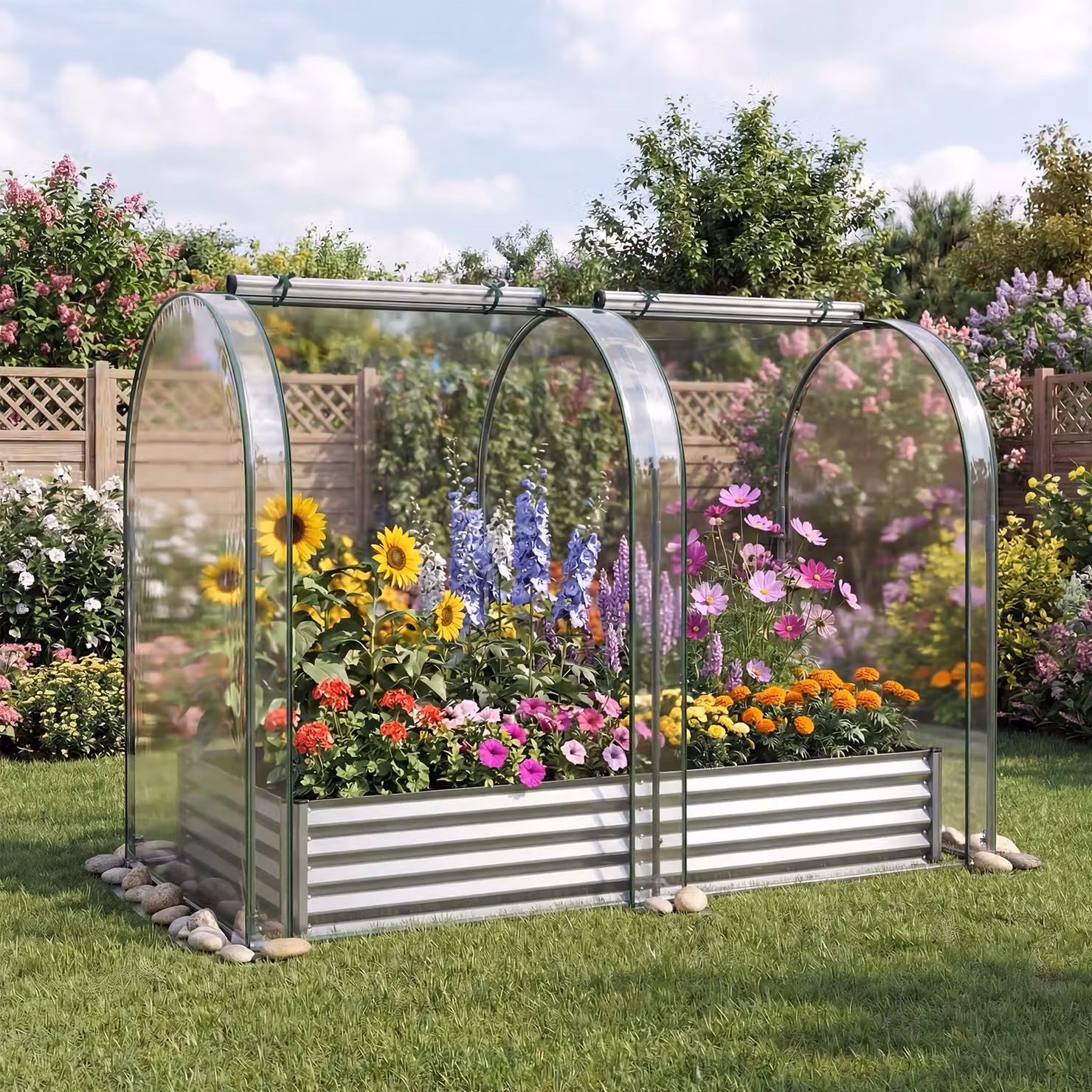 Set di 2 orti rialzati da giardino Costway in metallo con serra e sistema di drenaggio, fioriera esterna argentata per piante e fiori