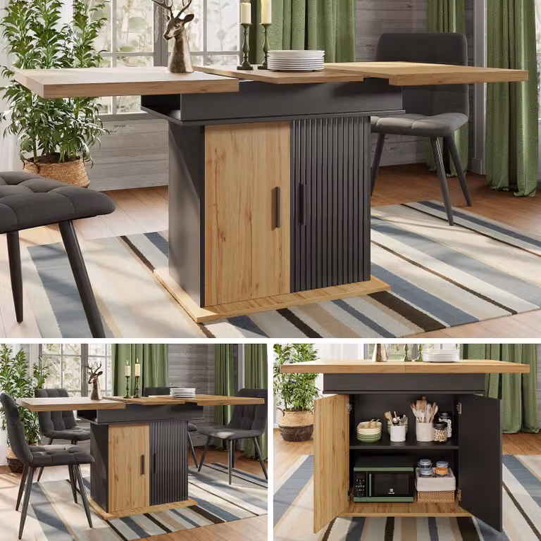 MODFU tavolo da cucina in stile retrò con pieghevole, tavolo da pranzo mobile da cucina con allungabile per 4-6 persone, tavolo da soggiorno per cucina e soggiorno, nero