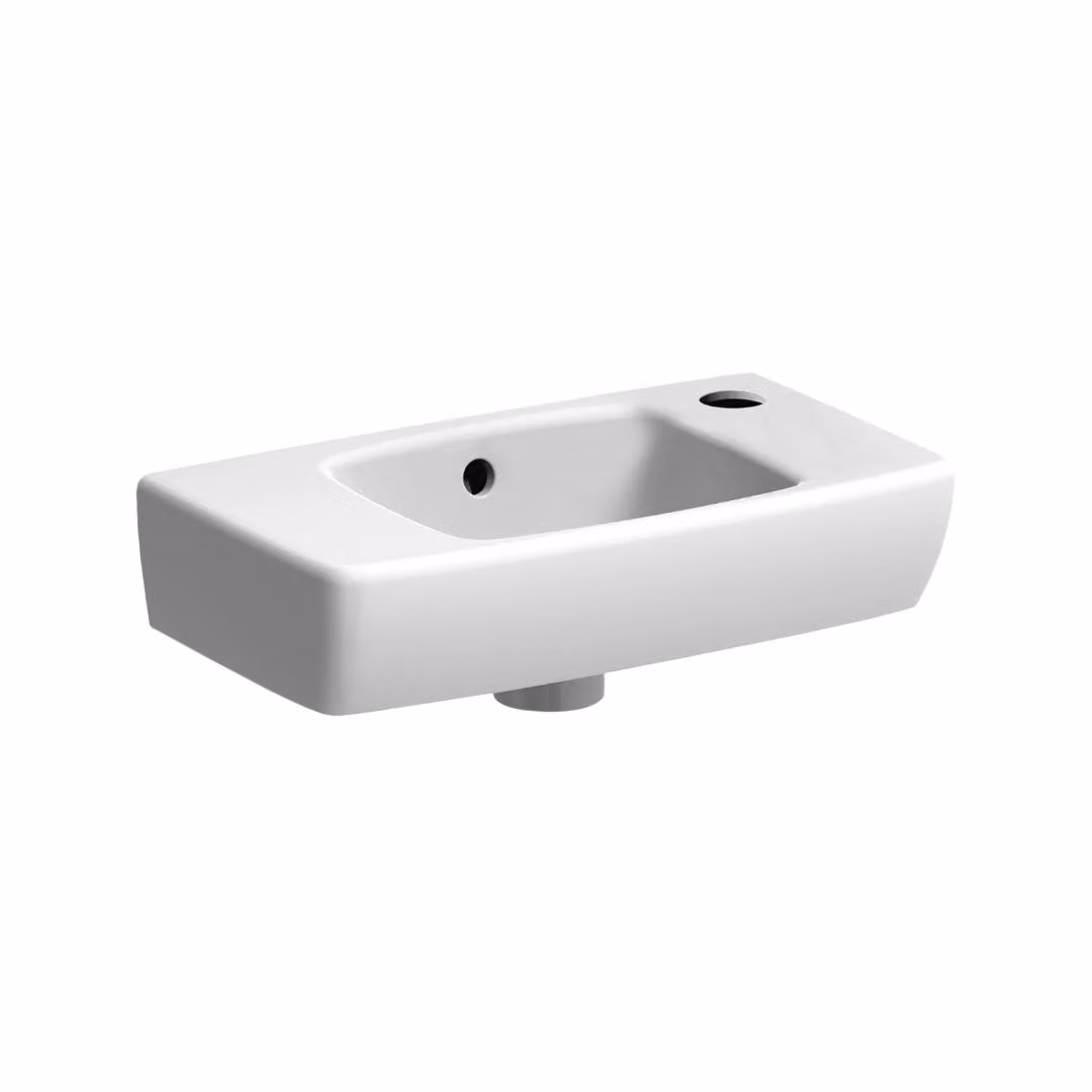 VBChome - Lavabo mini da parete, 45 x 25 cm, in Vetroceramica bianca lucida, rettangolare, con troppofilo e foro per il rubinetto a destra