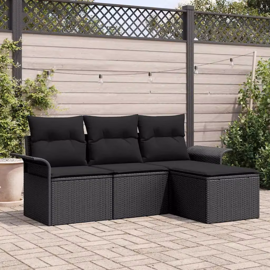 Set di divani da giardino vidaXL a forma di L con 4 posti, colore nero, in rattan con struttura in acciaio e cuscini inclusi – 1