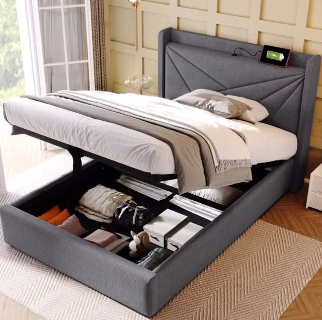 Letto singolo imbottito con contenitore 90x200 cm, testiera con funzione di ricarica USB Tipo C, struttura in lino con rete a doghe e materasso