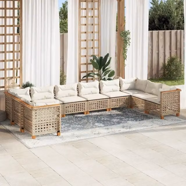 Set Divano da Giardino Moderno vidaXL in Polyrattan con Cuscini Beige e Bianco e Struttura in Legno di Acacia