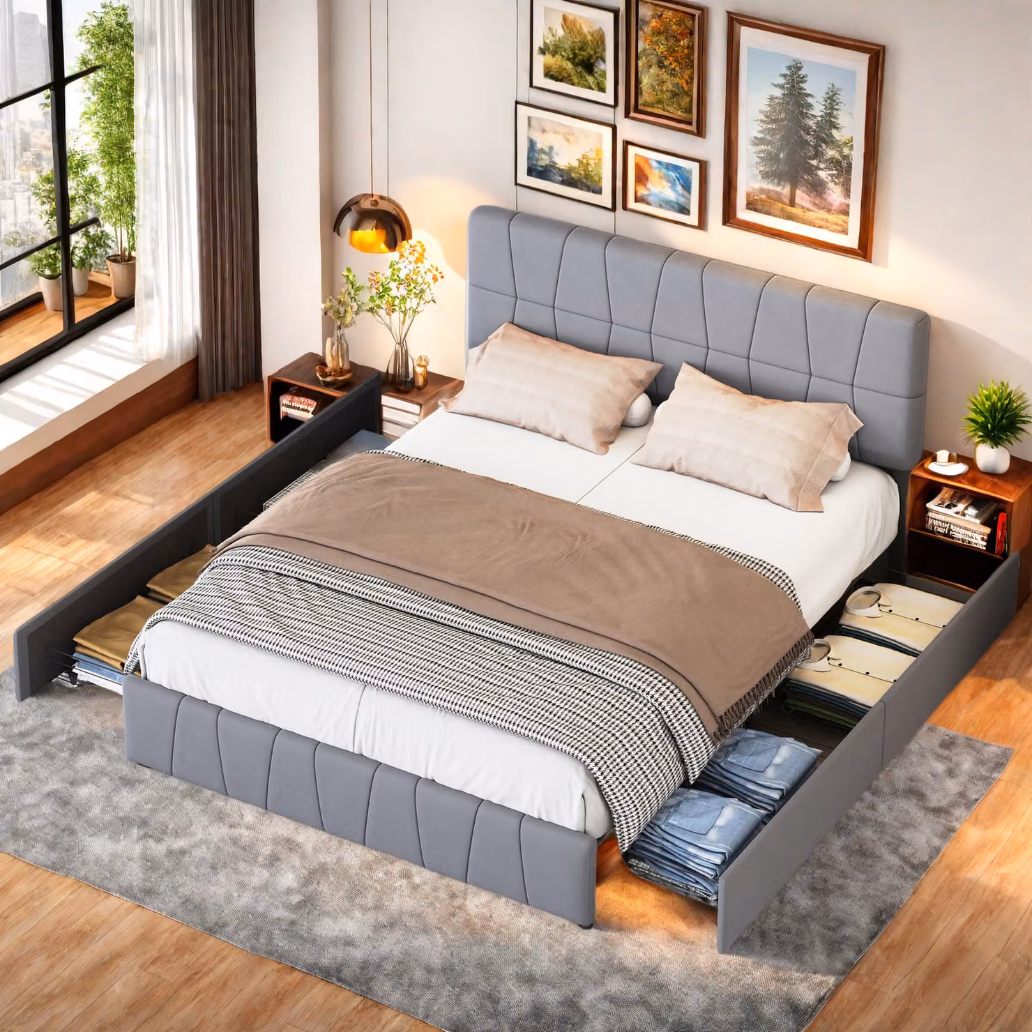Letto imbottito UnboxG 160x200cm con testata regolabile in altezza e 4 cassetti, letto matrimoniale funzionale con rete a doghe e rivestimento in velluto grigio