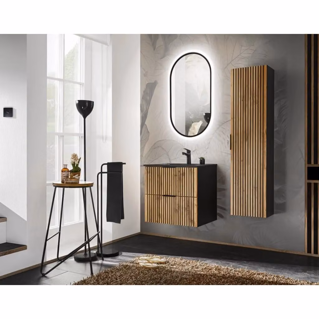 Set KINOKO Meublorama: mobiletto sottolavabo con lavabo da incasso nero, specchio con illuminazione LED e colonna di stoccaggio, colore grigio e nero, L: 60 cm – 2