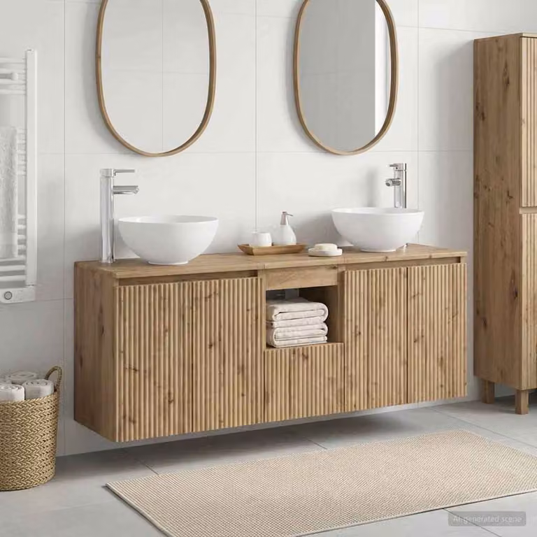 Set di mobili da bagno moderni vidaXL composto da 3 pezzi in colore marrone con ante a cerniera e ripiani interni, L/P/H: 129 x 35 x 80 cm