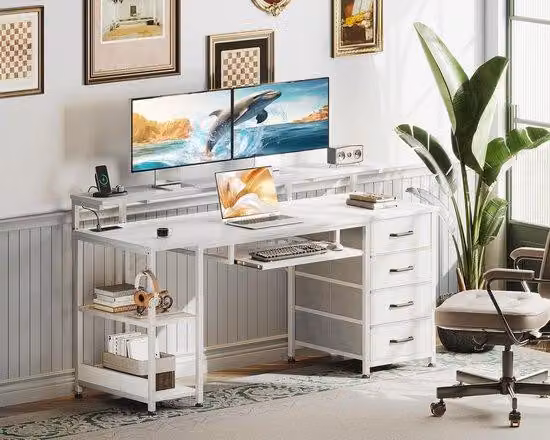 Scrivania Unyqoos® con 4 cassetti rivestiti in tessuto, cassetto estraibile per la tastiera, prese di corrente e porte USB integrate, supporto per monitor, struttura in metallo, piano del tavolo resistente all'acqua – ideale per ufficio e gaming, disponib