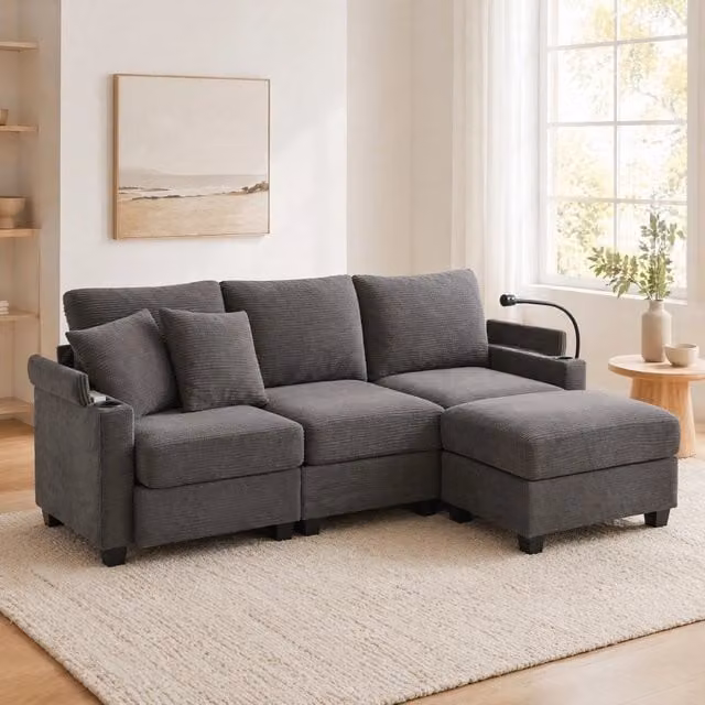 Divano angolare ULEVR 213,5x139 cm con pouf, USB, porta cellulare e ripiani nei braccioli, grigio scuro