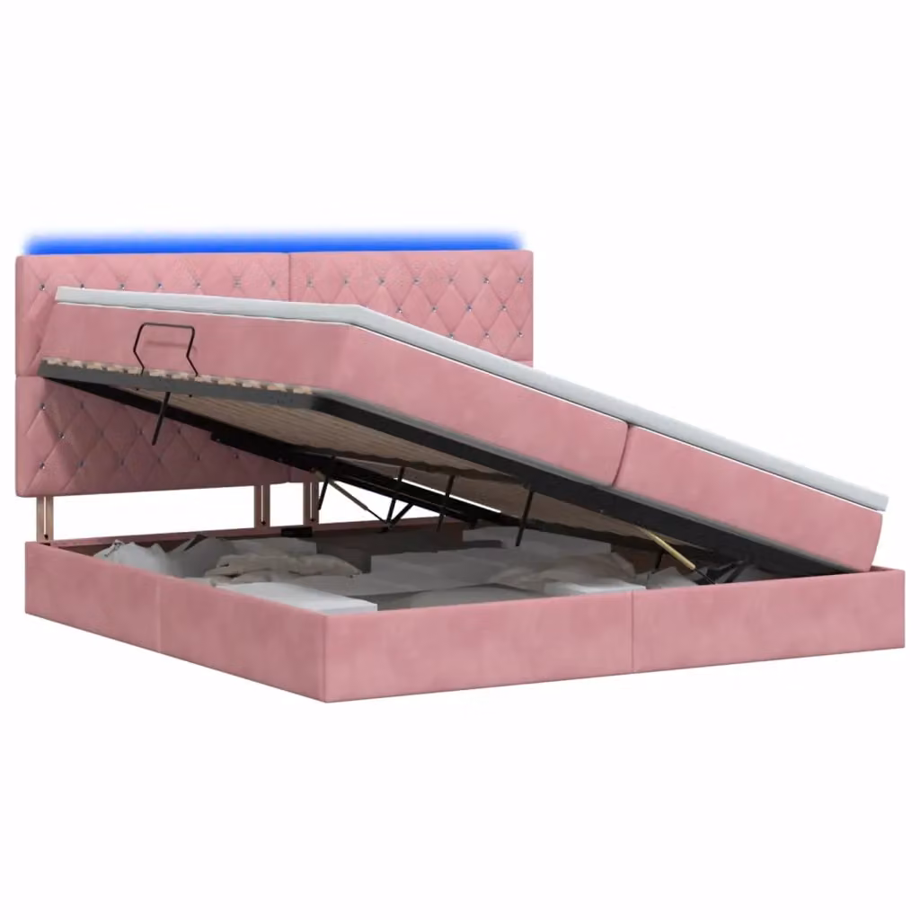 Letto con contenitore e illuminazione LED vidaXL in velluto rosa con porta USB, L/P/H: 200 x 200 x 140 cm – 2