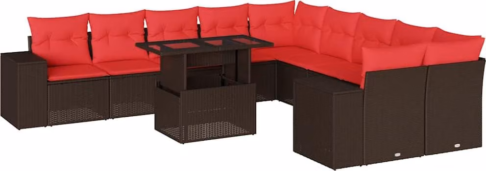 Set Divani da Giardino 11 pz con Cuscini Marrone in Polyrattan