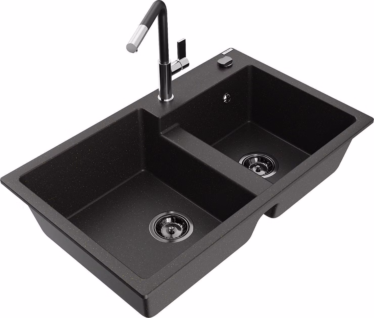 Mexen Tomas lavello in granito a 2 vasche con rubinetto da cucina Flora, nero/oro metallico - 6516-75-670401-07-B