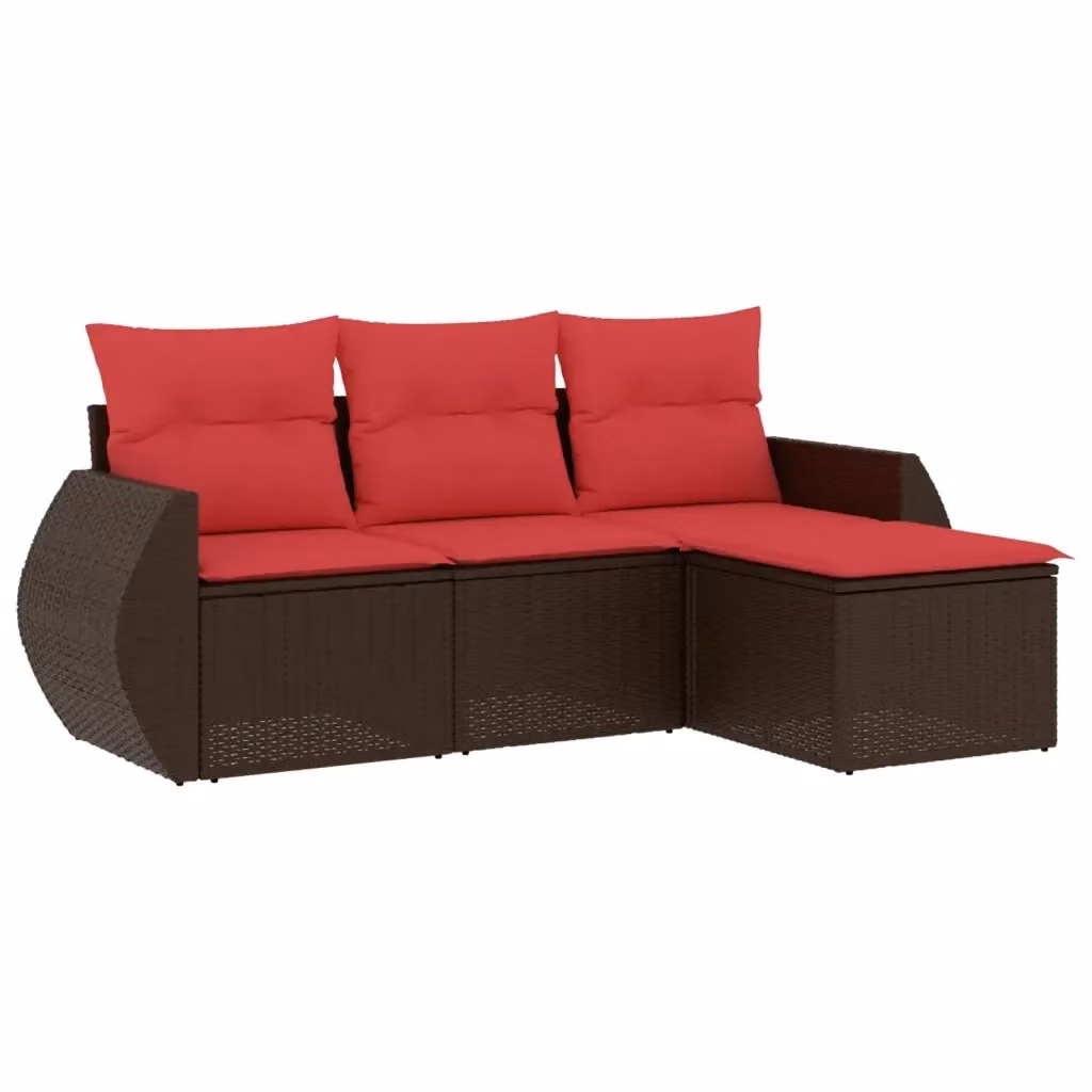 Set di Divani da Giardino a L con Cuscini vidaXL, Polyrattan e Struttura in Acciaio Verniciato, Colore Marrone con Cuscini Rossi – 2
