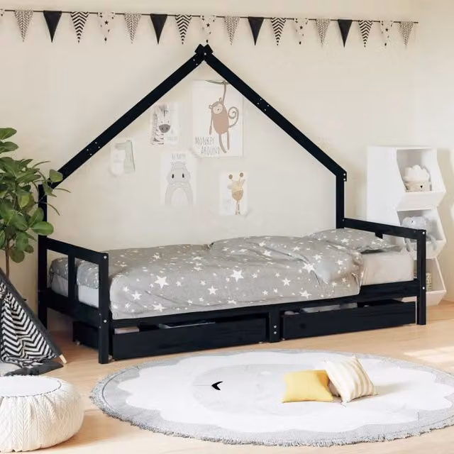 Letto a casetta per bambini vidaXL in legno massello di pino con cassetti, colore nero, L 80 cm x P 200 cm