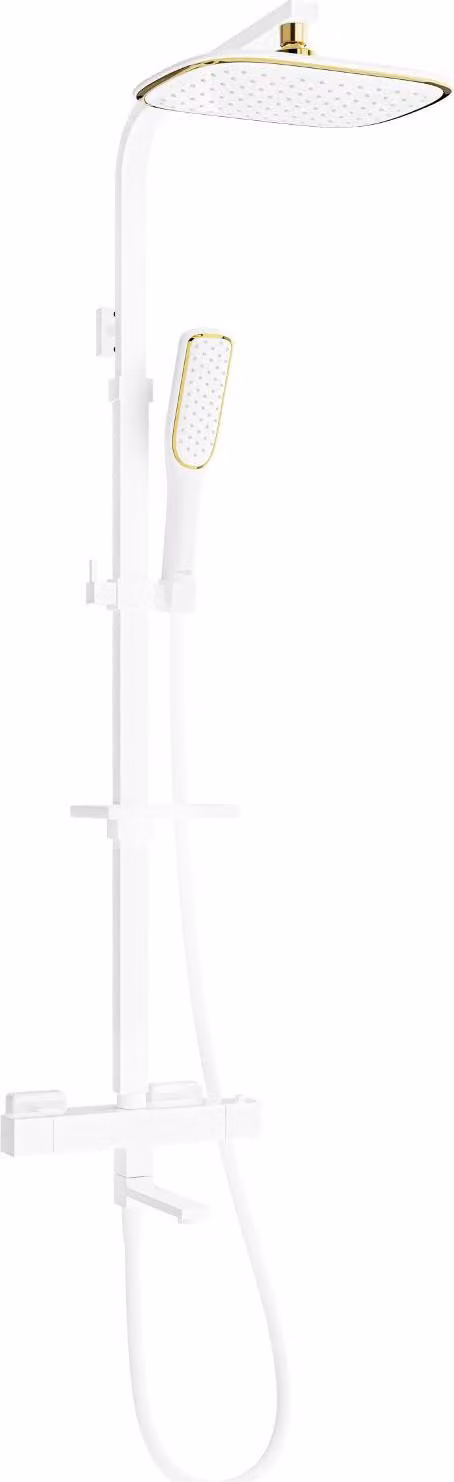 Mexen CQ49 set vasca-doccia con soffione e miscelatore termostatico, bianco/oro - 779104995-25