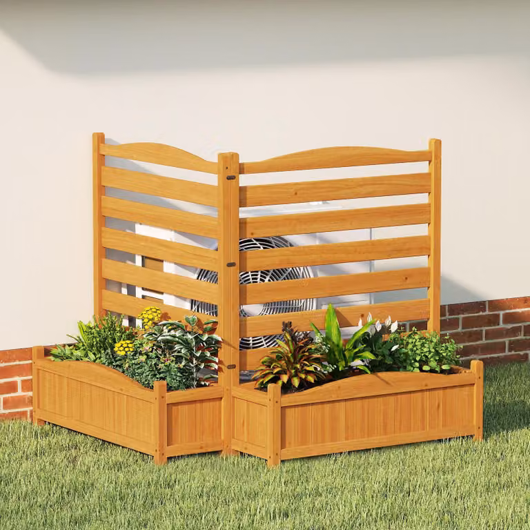 COSTWAY Fioriera, recinzione per condizionatori e bidoni della spazzatura, altezza 101 cm, aiuola rialzata con graticcio, recinzione da giardino e fori di drenaggio, 2 fioriere, naturale (2 pezzi)