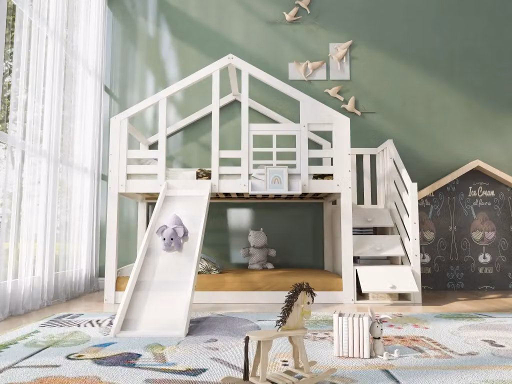 Letto a castello per bambini con scivolo, scale e vani laterali, design moderno a forma di casetta, bianco, L/P/H: 200 x 90 x 218 cm – 2
