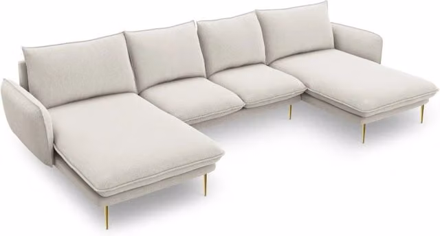 Divano panoramico Vienna di Cosmopolitan Design, modello a U da 6 posti in tessuto beige chiaro e dettagli oro – 1