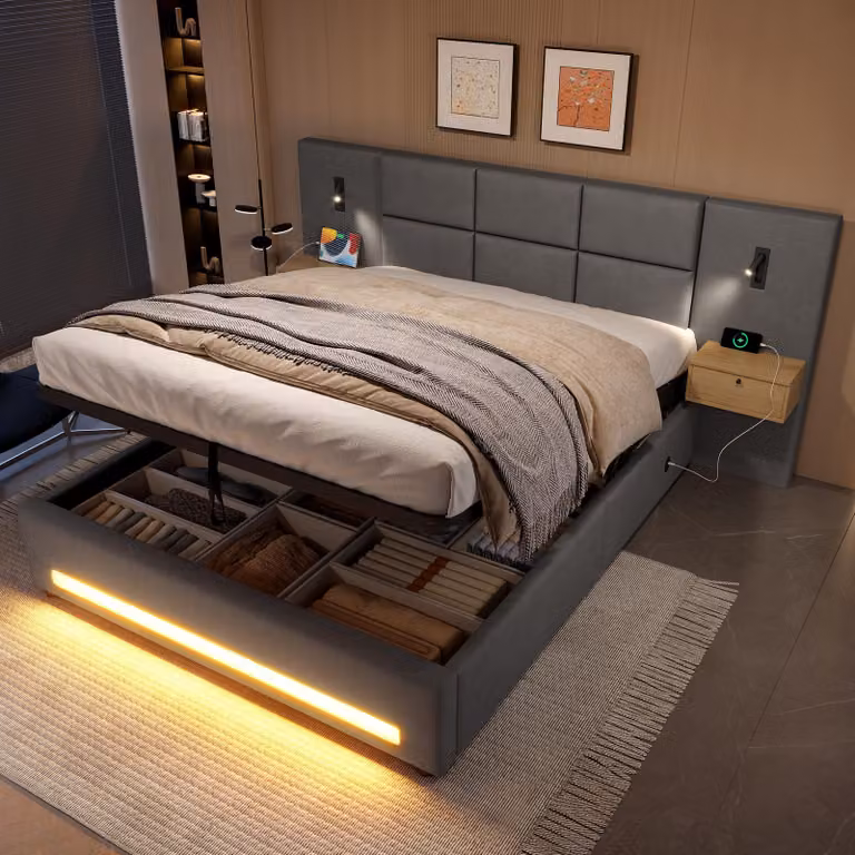 LVHOM Letto imbottito 180x200cm con comodino e lampada da lettura, letto matrimoniale con LED e USB, letto a molle idrauliche con rete a doghe, letto contenitore, grigio