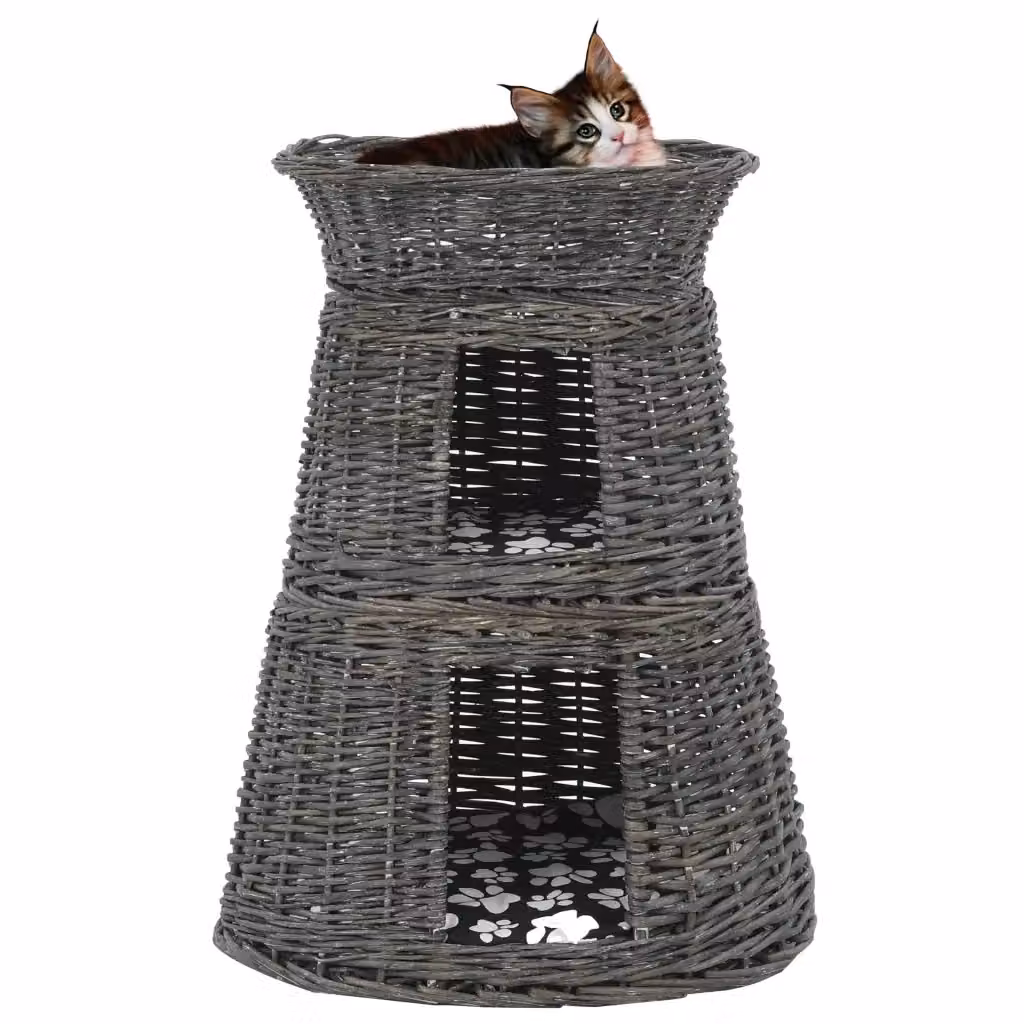 Set di 3 Ceste per Gatti con Cuscini in Salice Naturale e Tessuto Grigio, L 47 cm x P 34 cm x H 60 cm, CFW8492823 – 2