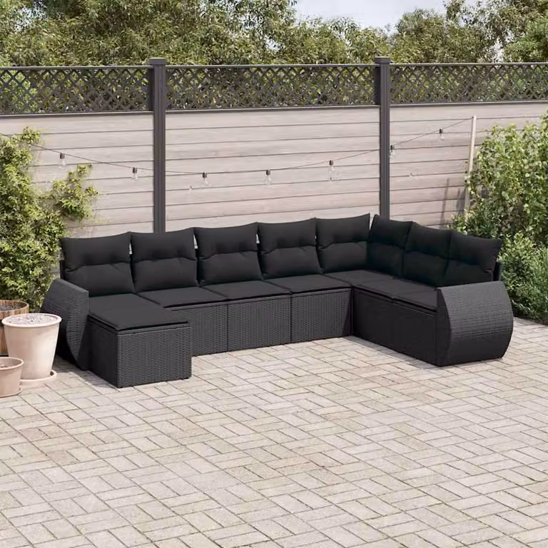 Set di divani da giardino vidaXL a forma di L in polyrattan nero con 8 pezzi e cuscini inclusi