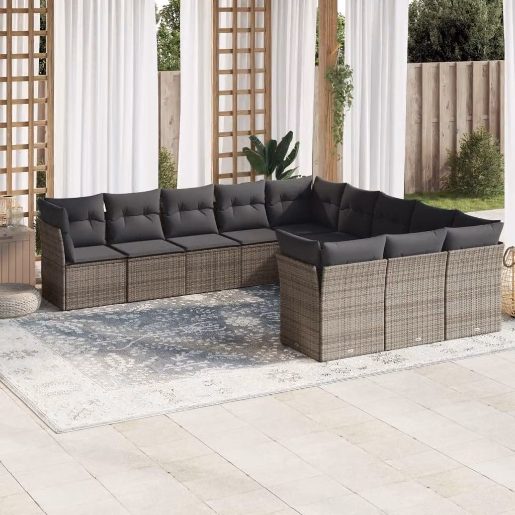 vidaXL Set Divani da Giardino 11 pz in Polyrattan Grigio con Cuscini e Struttura in Metallo – 1