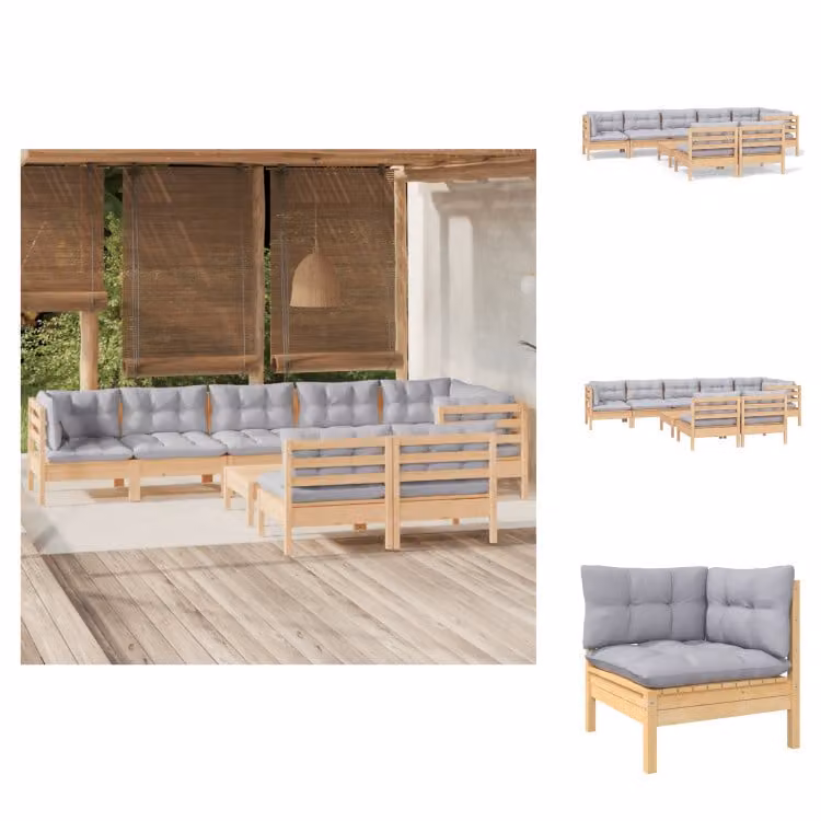 vidaXL Set 9 pezzi da giardino con cuscini grigi in pino massiccio - Set di mobili da giardino