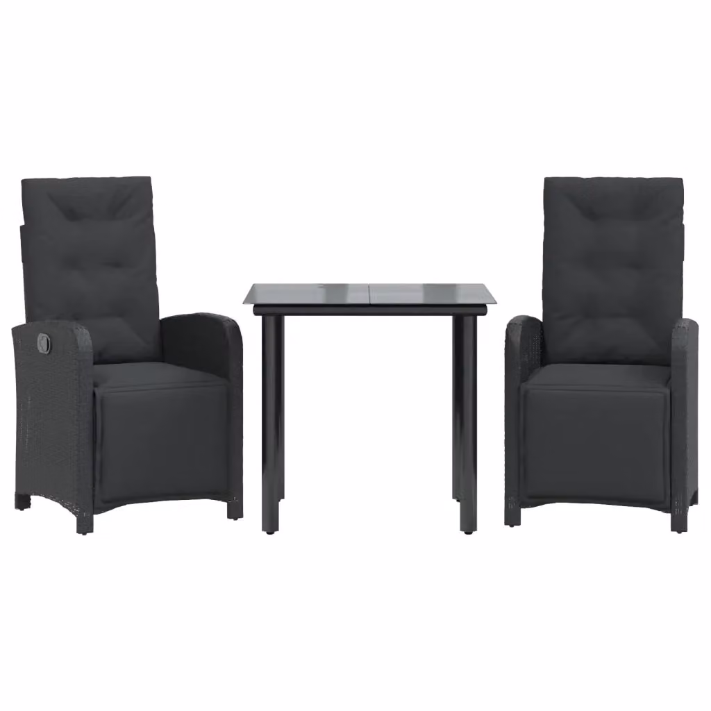 Set da Bistrò vidaXL 3 pz in Polyrattan Nero con Cuscini e Piano in Vetro – 2