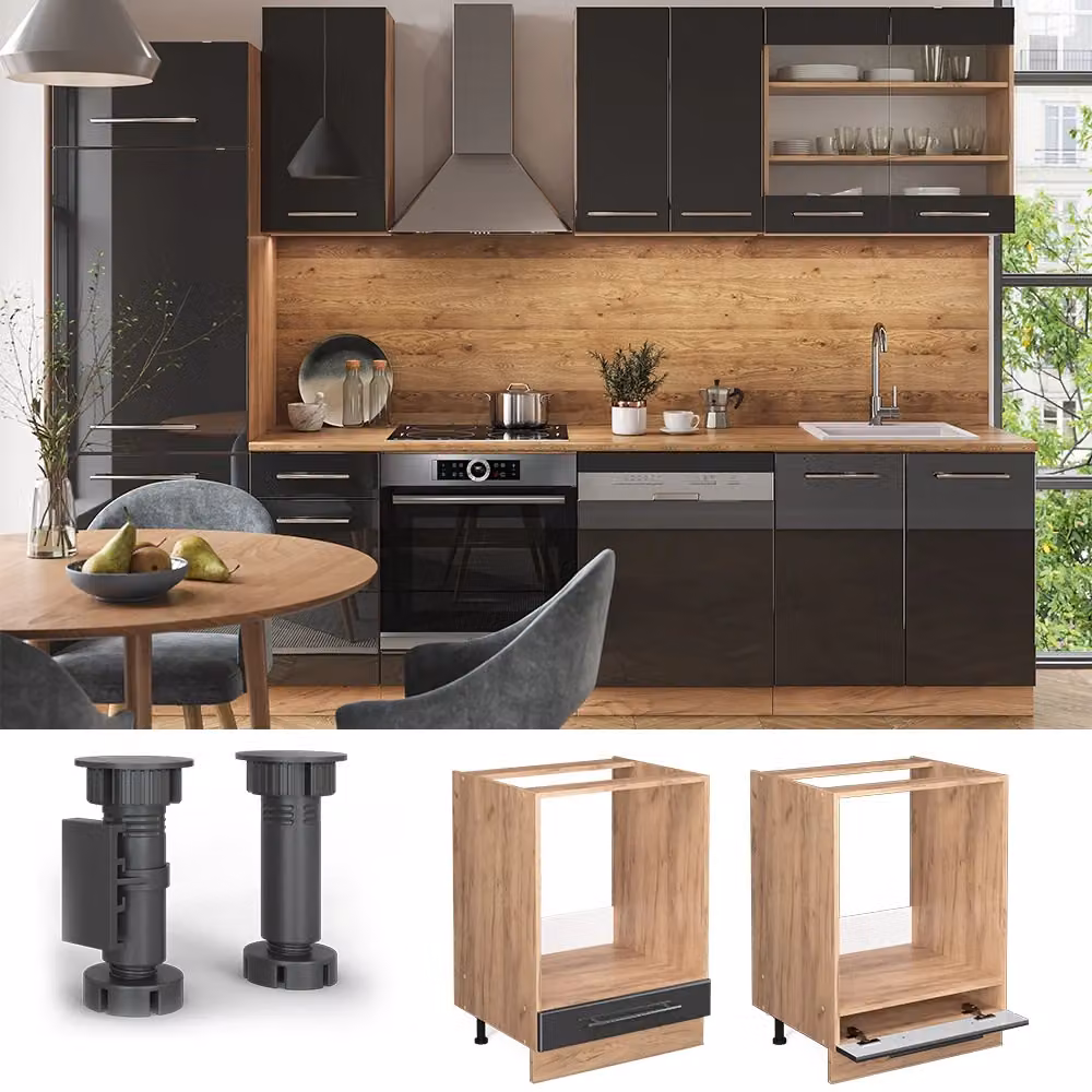 Mobile per forno da incasso Vicco Fame-Line Antracite lucido e Rovere dorato L: 60 cm – 2
