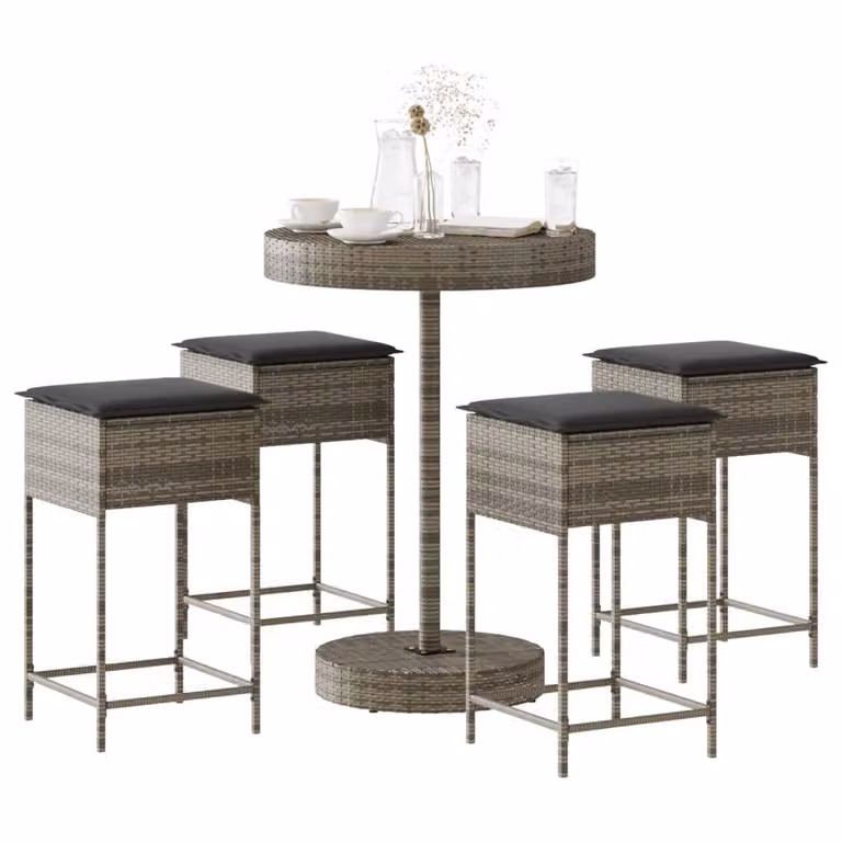 Set Bar da Giardino vidaXL 5 pz in Polyrattan Grigio con Cuscini