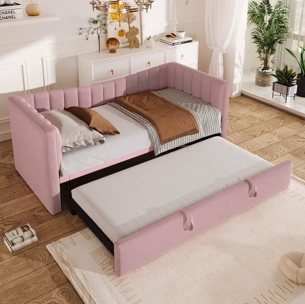 Letto da giorno moderno in velluto rosa con letto estraibile e cassetti L/P/H: 215 x 90 x 200 cm – 2