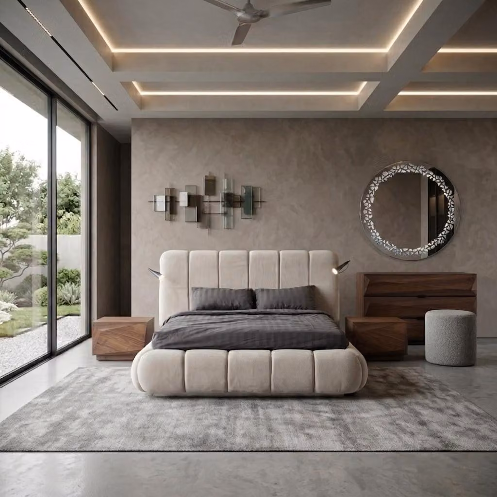 Set per camera da letto moderno, beige, elegante: letto, comò, pouf, mobili