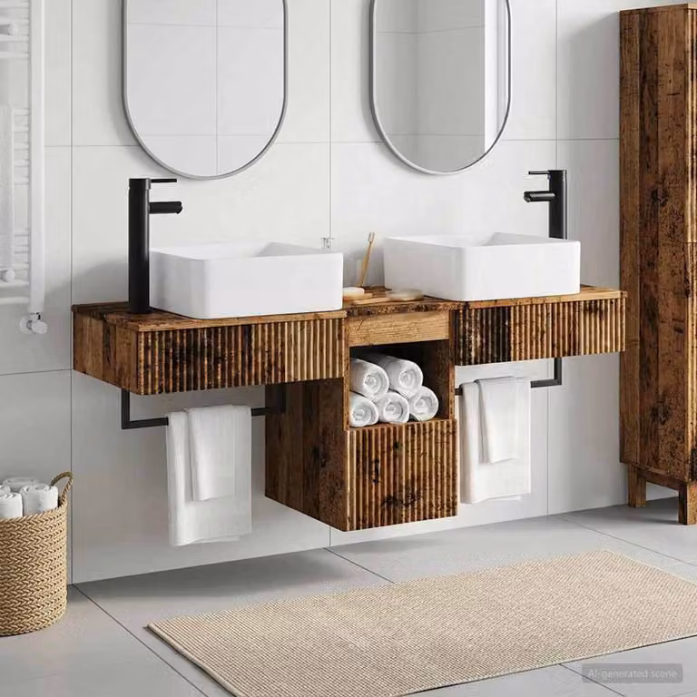 Set di mobili per il bagno moderno vidaXL in legno marrone, 3 pezzi con vanità e cassetti