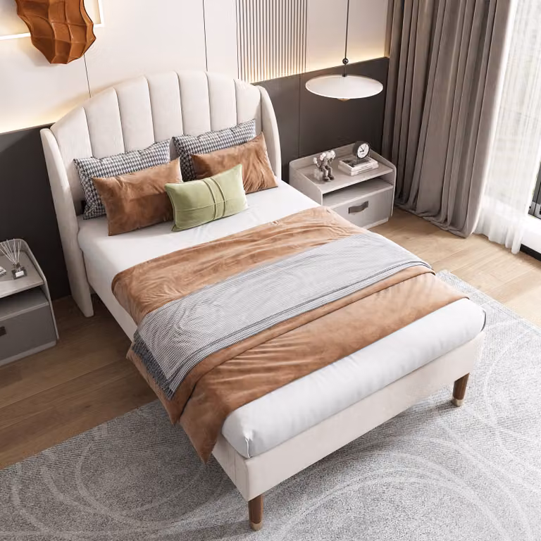 Letto imbottito MODFU 90x200 cm, letto singolo per ragazzi in legno massello con rivestimento in velluto (senza materasso), beige