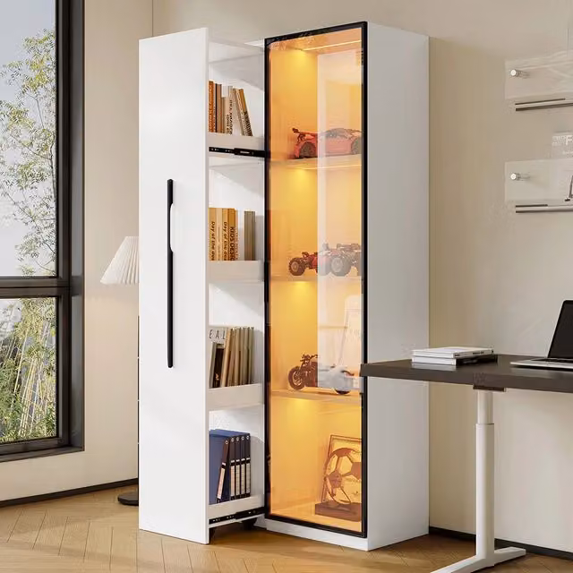 Armadio multifunzionale 160 cm - Xylo - Porte in vetro temperato, illuminazione LED, ruote