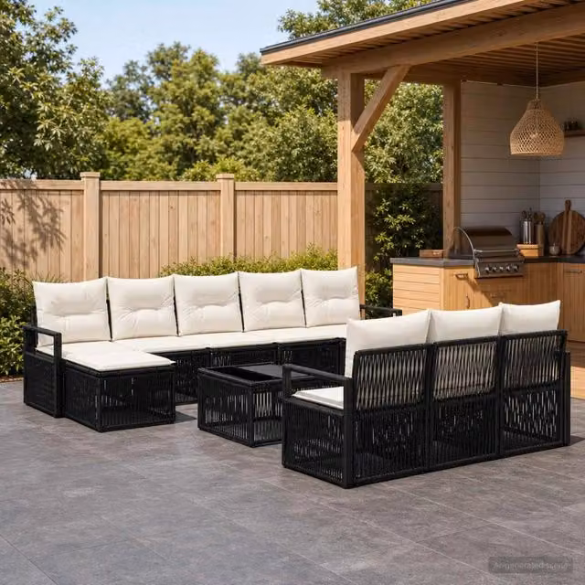 Set Divano da Giardino vidaXL 11 Pezzi in Polyrattan Nero con Cuscini e Tavolino da Esterno