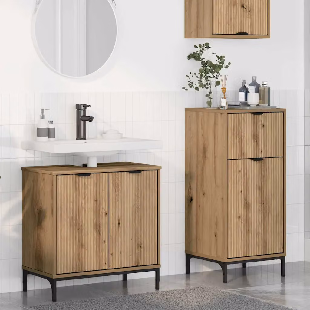 Set di mobili per il bagno moderno vidaXL in legno e metallo color rovere, composto da mobile lavabo e mobile contenitore, L/P/H: 61,0 x 35,5 x 60,5 cm – 1