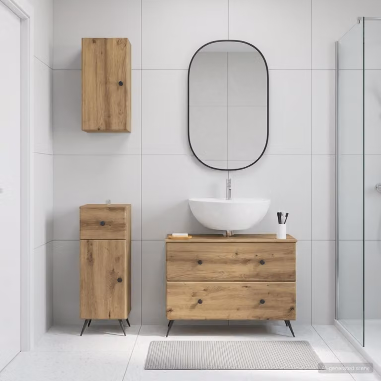 Set di armadietti da bagno 3 pezzi vidaXL BREDA in legno marrone con mobile sottolavabo e pensili a parete