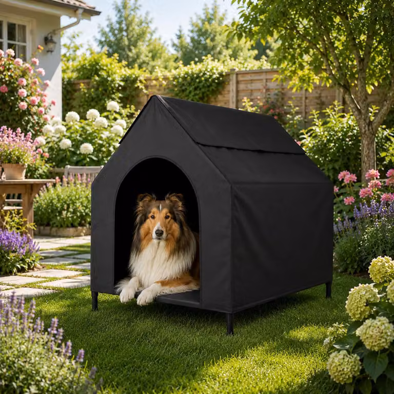 Cuccia per cani Belviona con tetto, letto rialzato per cani, ideale per giardino, terrazza e balcone, impermeabile e resistente fino a 60 kg, dimensioni 110x75x105 cm, colore nero