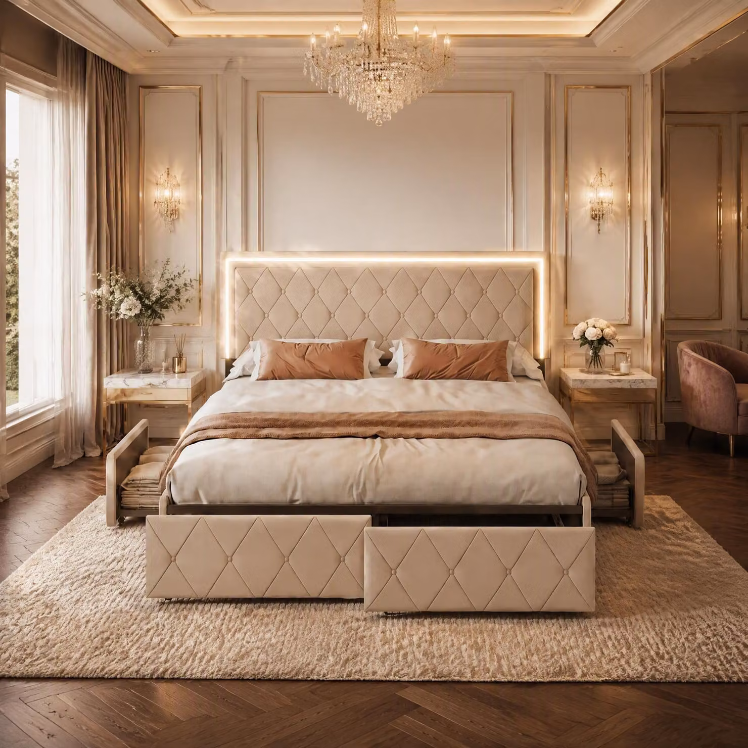 Letto imbottito INONEFT, 140x200 cm, letto per ragazzi con illuminazione LED, letto singolo con poggiatesta regolabile in altezza e 4 cassetti contenitori, colore beige