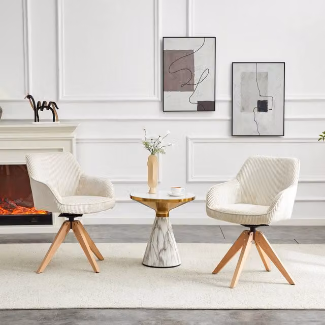 Set da 2 sedie girevoli 360 REDOM in tessuto beige con struttura in legno massello e braccioli, Altezza: 84 cm