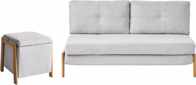 Set divano e pouf tessuto grigio imbottito Gambe in ferro Funzione letto Contenitore aggiuntivo Stile moderno