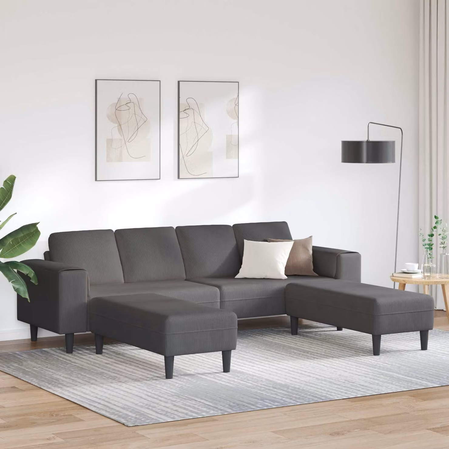 Divano ad angolo a forma di U vidaXL Grigio con tessuto in cord e cuscini, L 250 x P 188 x H 76 cm